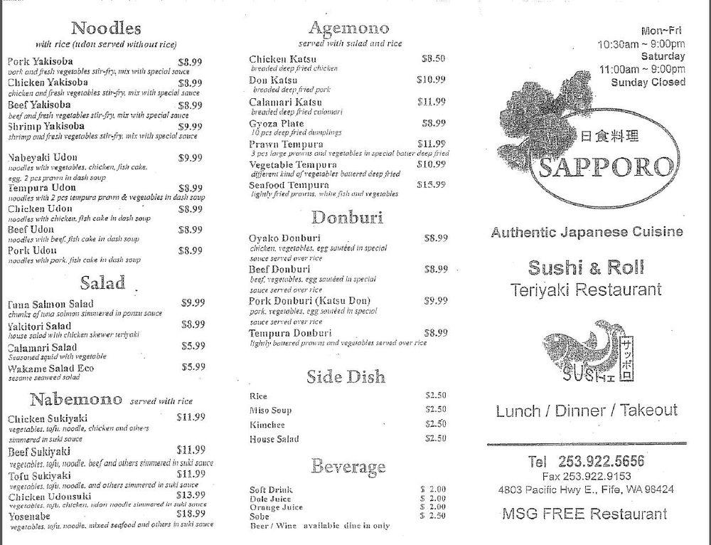 Menu At Sapporo Sushi Restaurant Fife