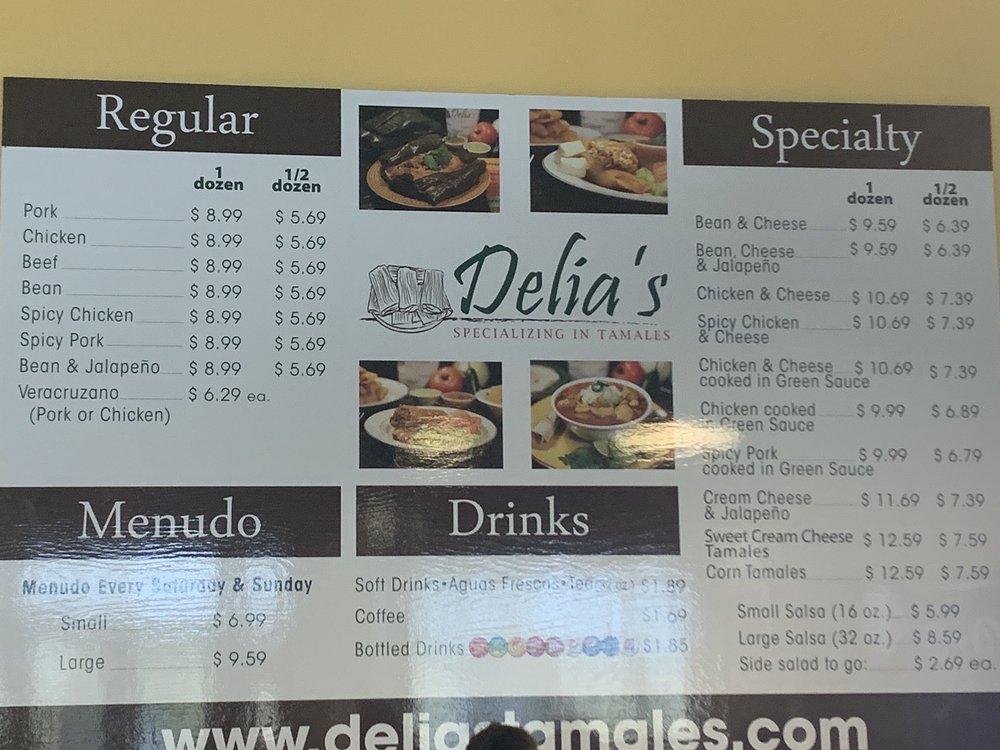 Menu at Delia's Specializing in Tamales restaurant, San Antonio