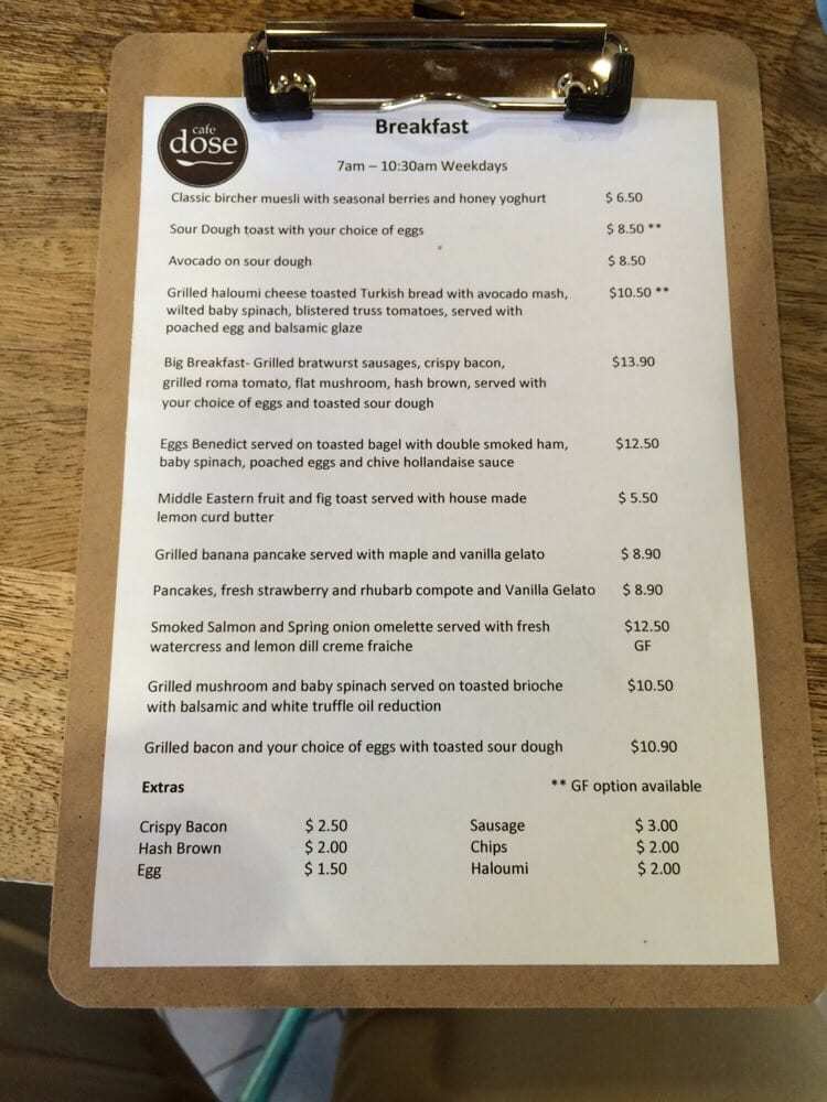 Menu at Cafe Dose, Herston, 288 Herston Rd