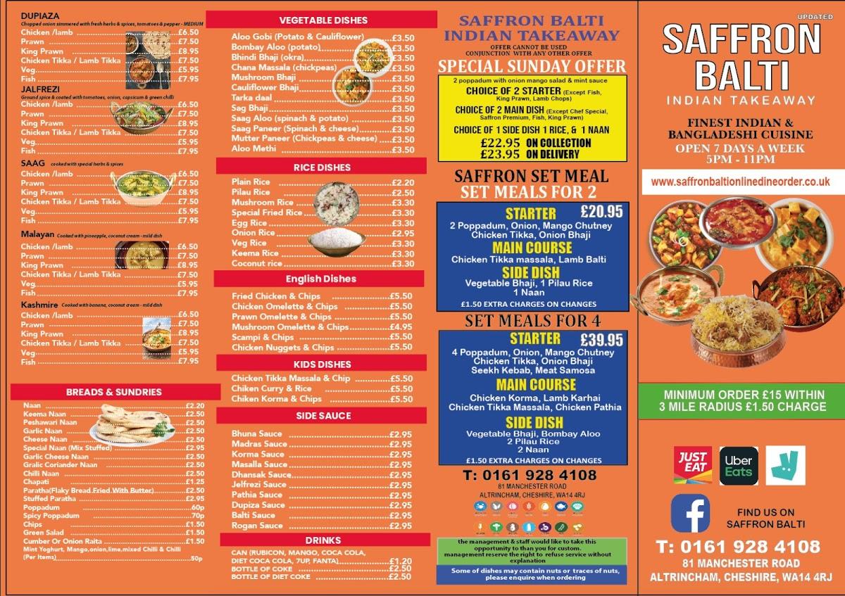 Menu at Saffron Balti Indian Takeaway restaurant, Altrincham
