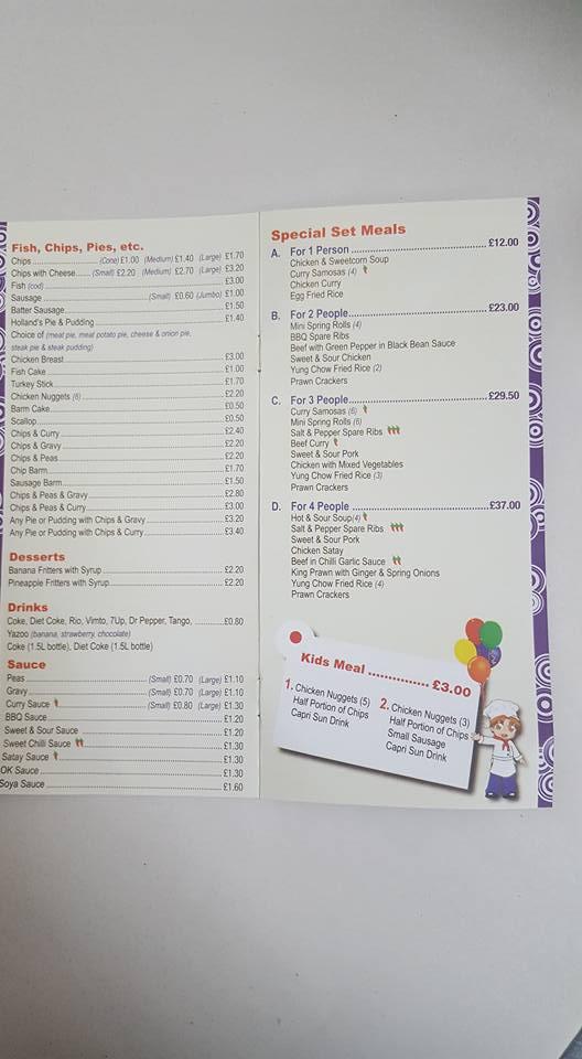 Menu at Village Chippy fast food, Stalybridge