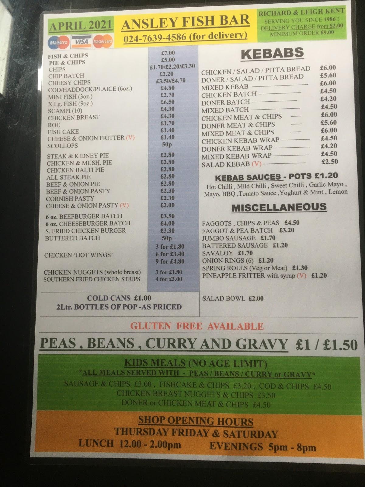 Menu at Ansley Fish Bar, Nuneaton