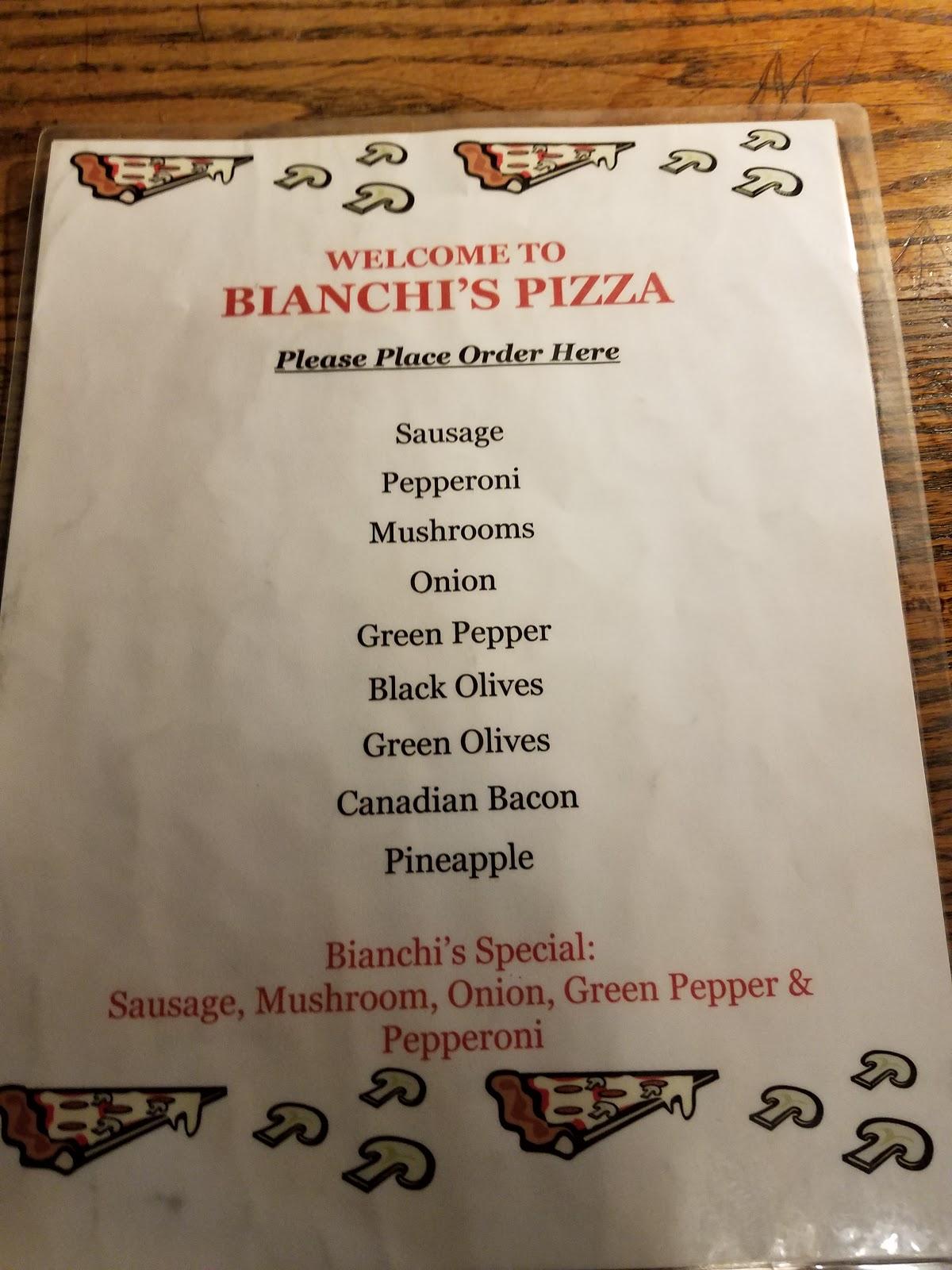 Menu at Bianchi's Pizza downtown pizzeria, Ottawa, 607 La Salle St