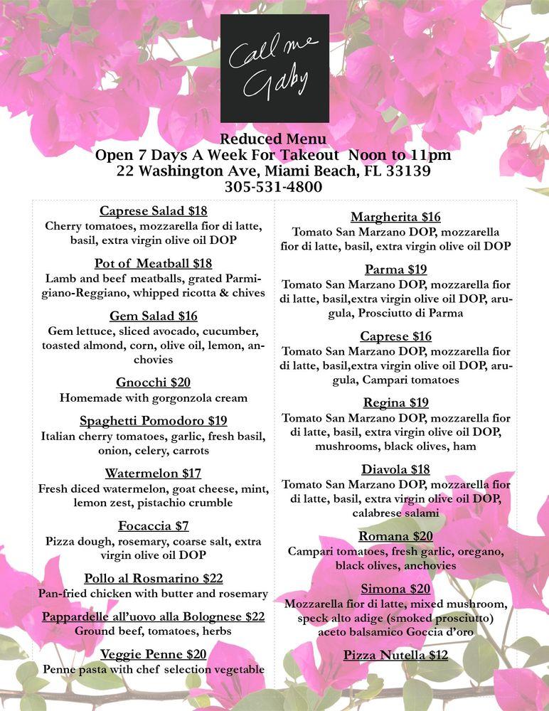 Menu At Call Me Gaby Pizzeria Miami Beach