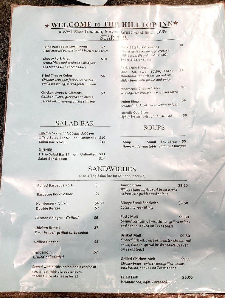 Menu at Hilltop Inn pub & bar, Evansville