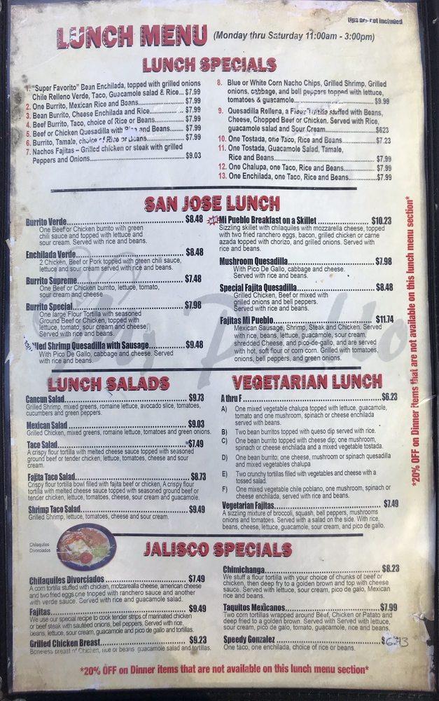 Menu at Mi Pueblo restaurant, Hernando, Mt Pleasant Rd
