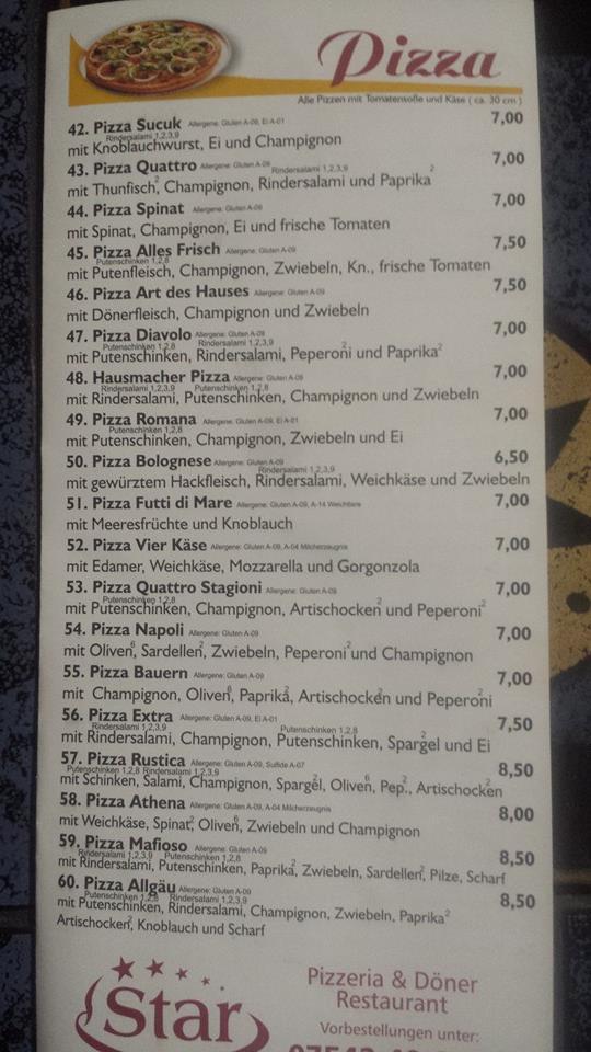 Speisekarte von Star Restaurant und Pizzeria, Meckenbeuren