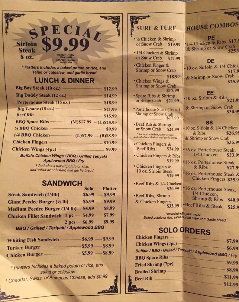 Menu at Pee Dee Steak House steakhouse, New York City, 50 W 125th St