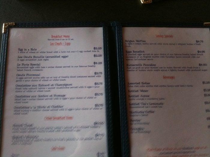 Menu at Taste of Paris restaurant, Mundelein