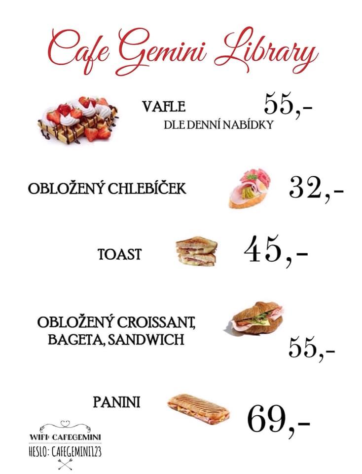 Menu at Cafe Gemini Library, Brno