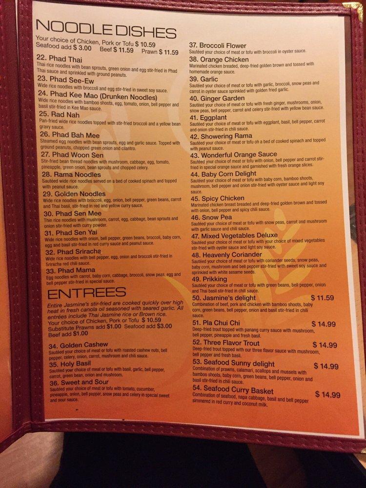 Menu at Jasmine Thai restaurant, Lacey