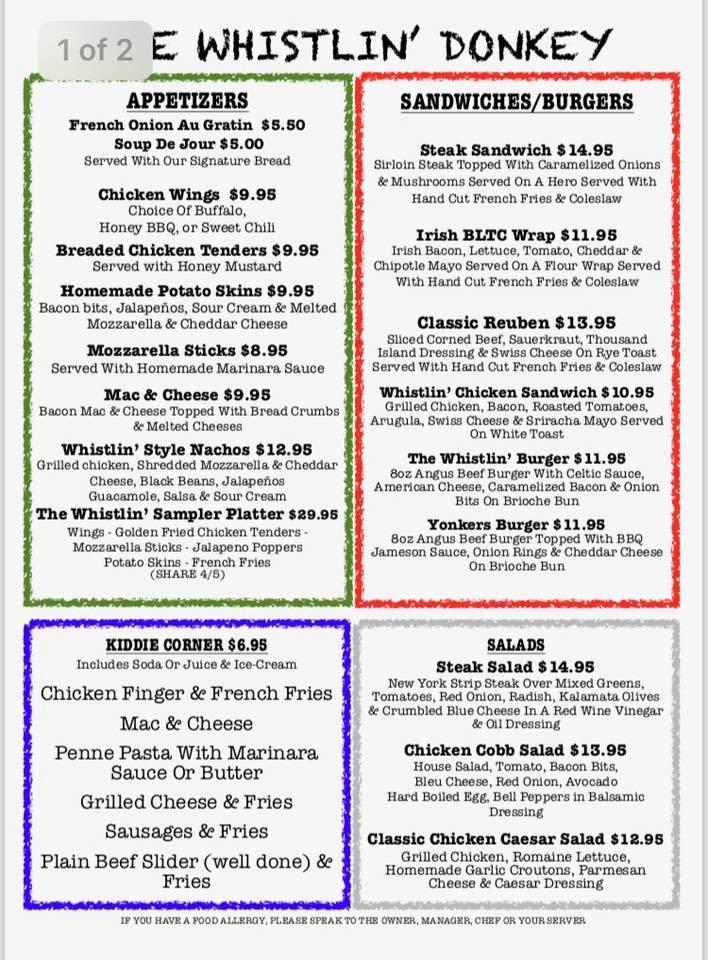 Menu at The Whistlin' Donkey pub & bar, Yonkers