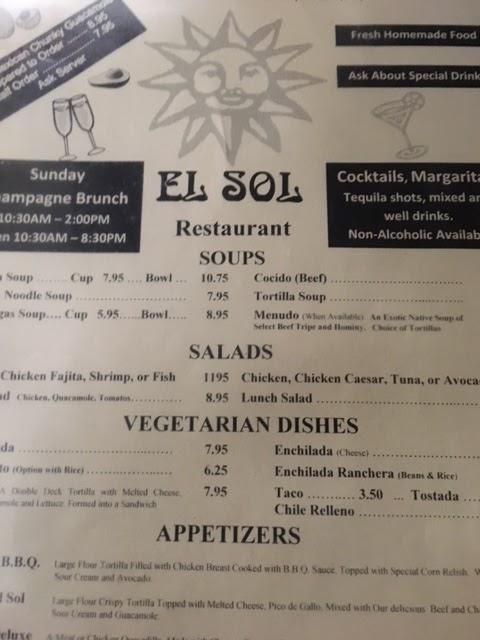 Menu At El Sol Mexican Restaurant Glendale