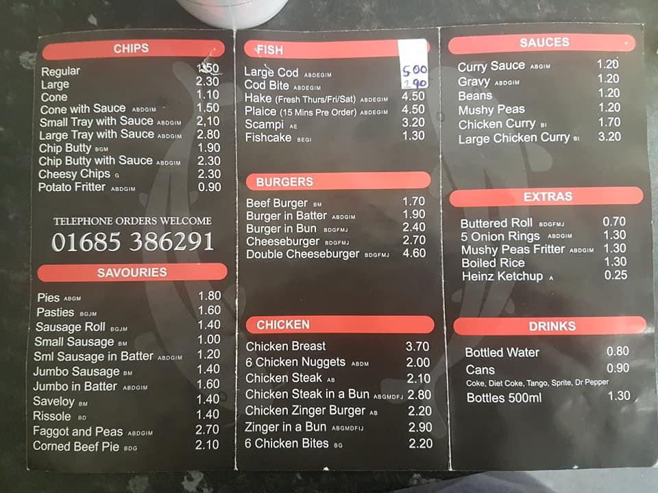 Menu at Trefechan Fish Bar, Merthyr Tydfil