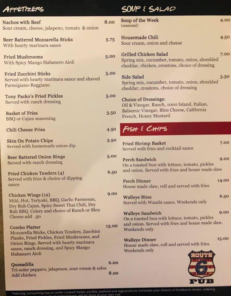 Menu at Route 6 PubVermilion, OH, Vermilion