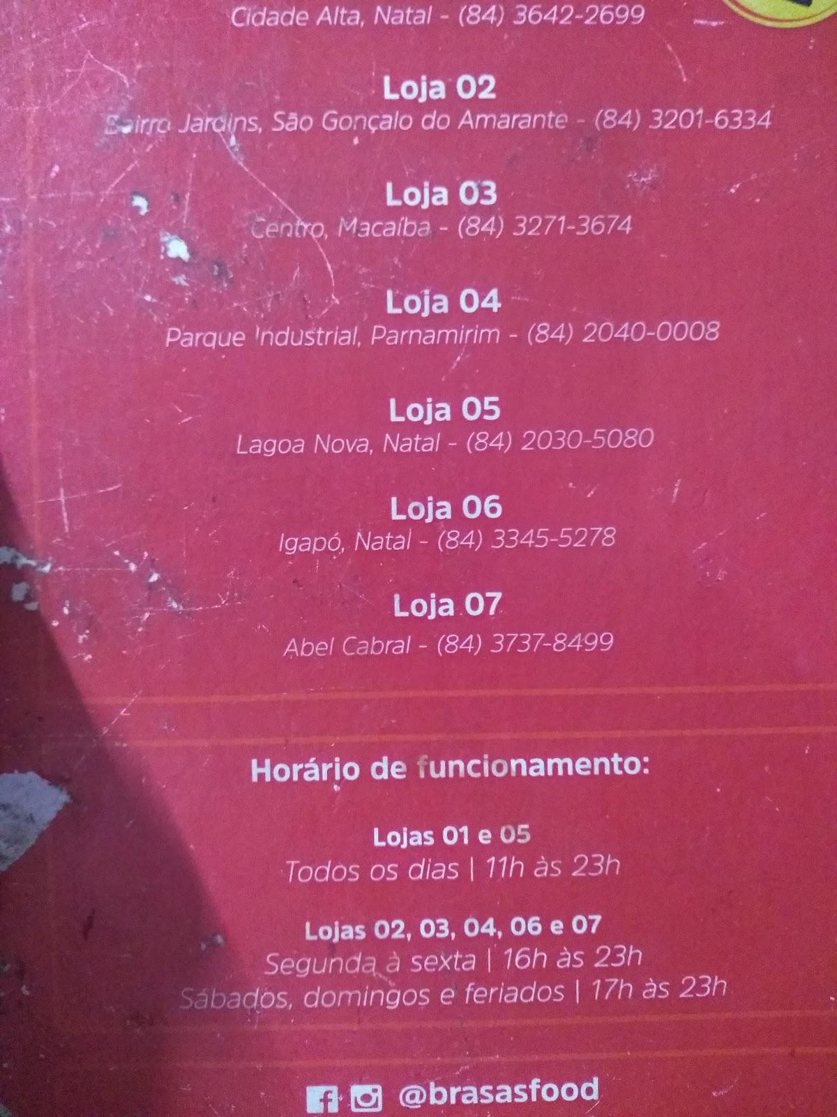Menu at Brasa's Food restaurant, Natal, Av. Nascimento de Castro