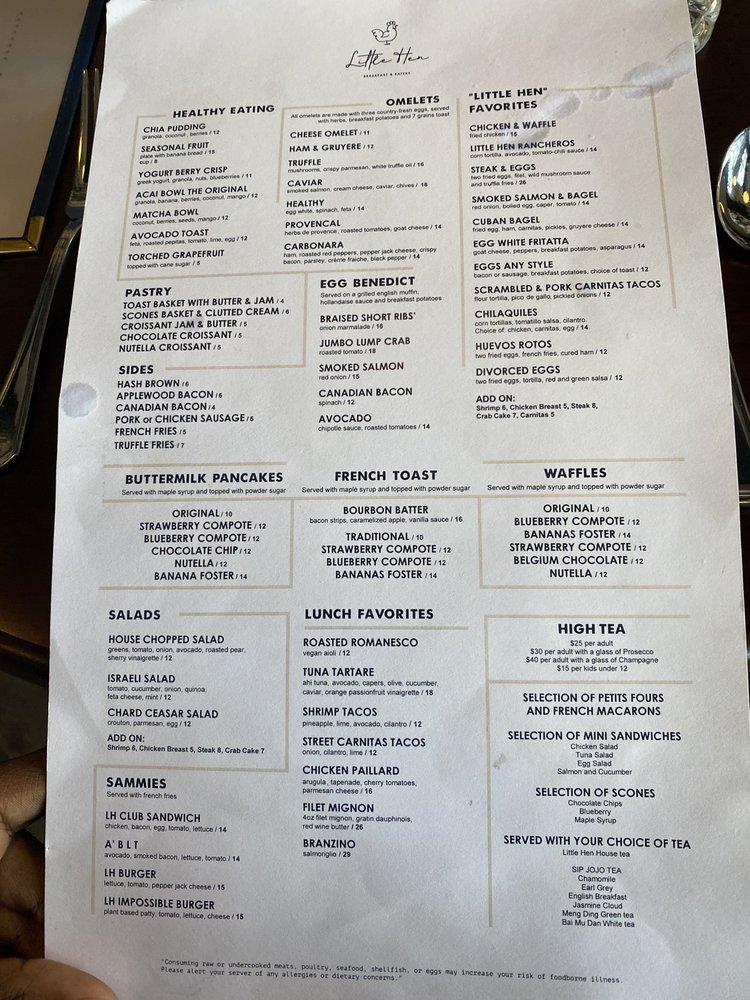 Menu at Little Hen restaurant, Miami