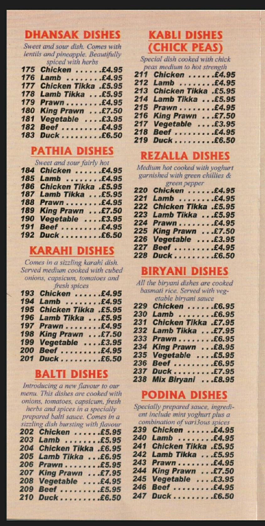 Menu at Spices restaurant, Hartlepool