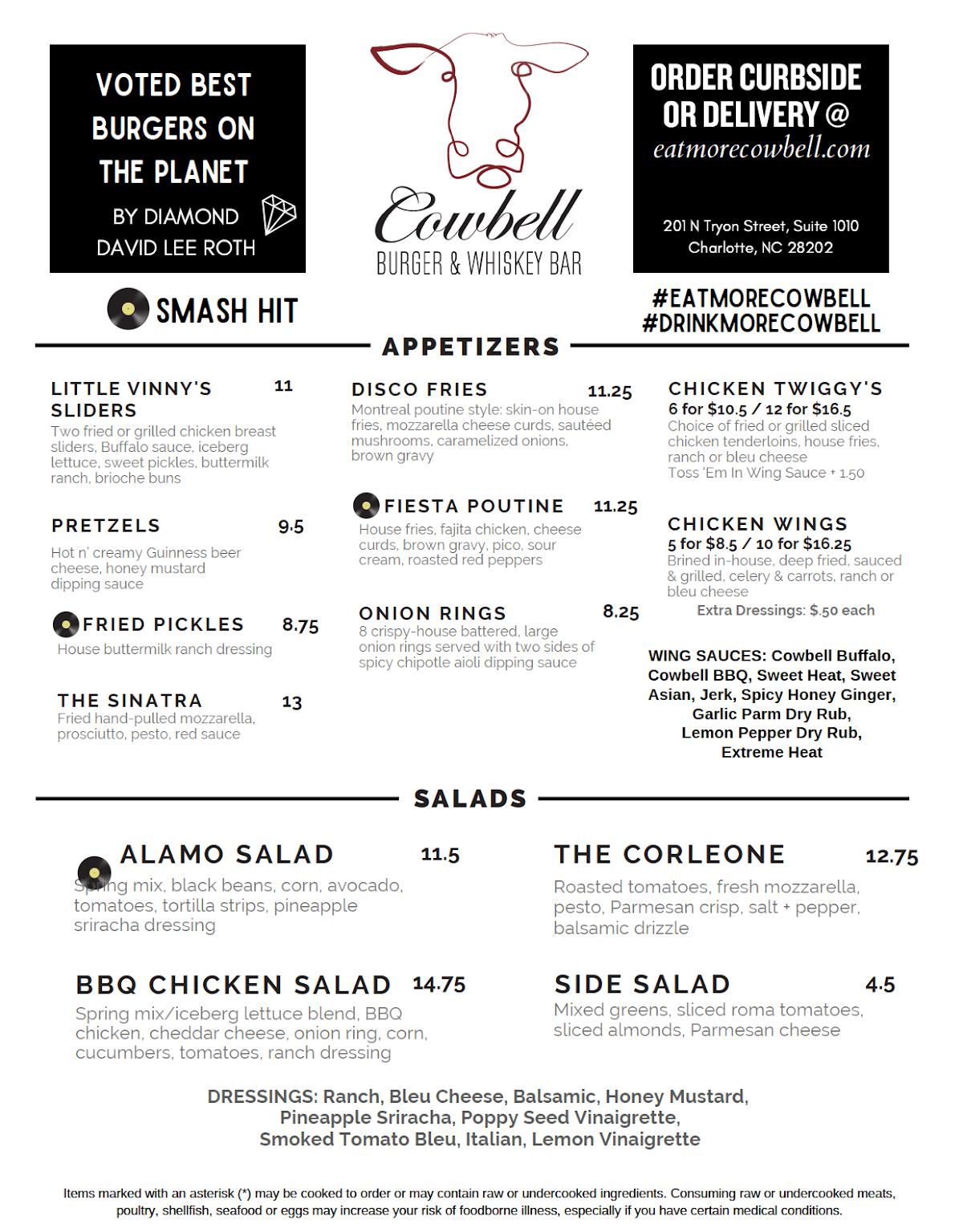 Menu at Cowbell Burger & Whiskey Bar, Charlotte