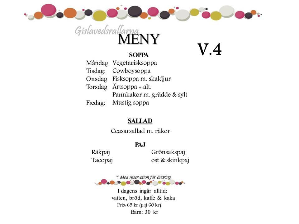Menu at Gislavedsrallarna restaurant, Gislaved