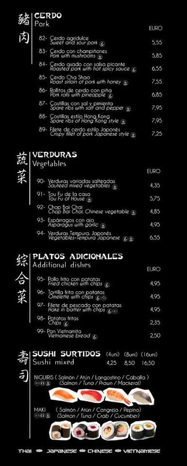 Menu at Pagoda restaurant, Els Poblets