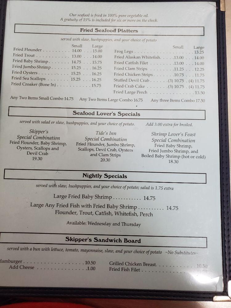 Menu at Tides Inn Steak & Seafood steakhouse, Greensboro