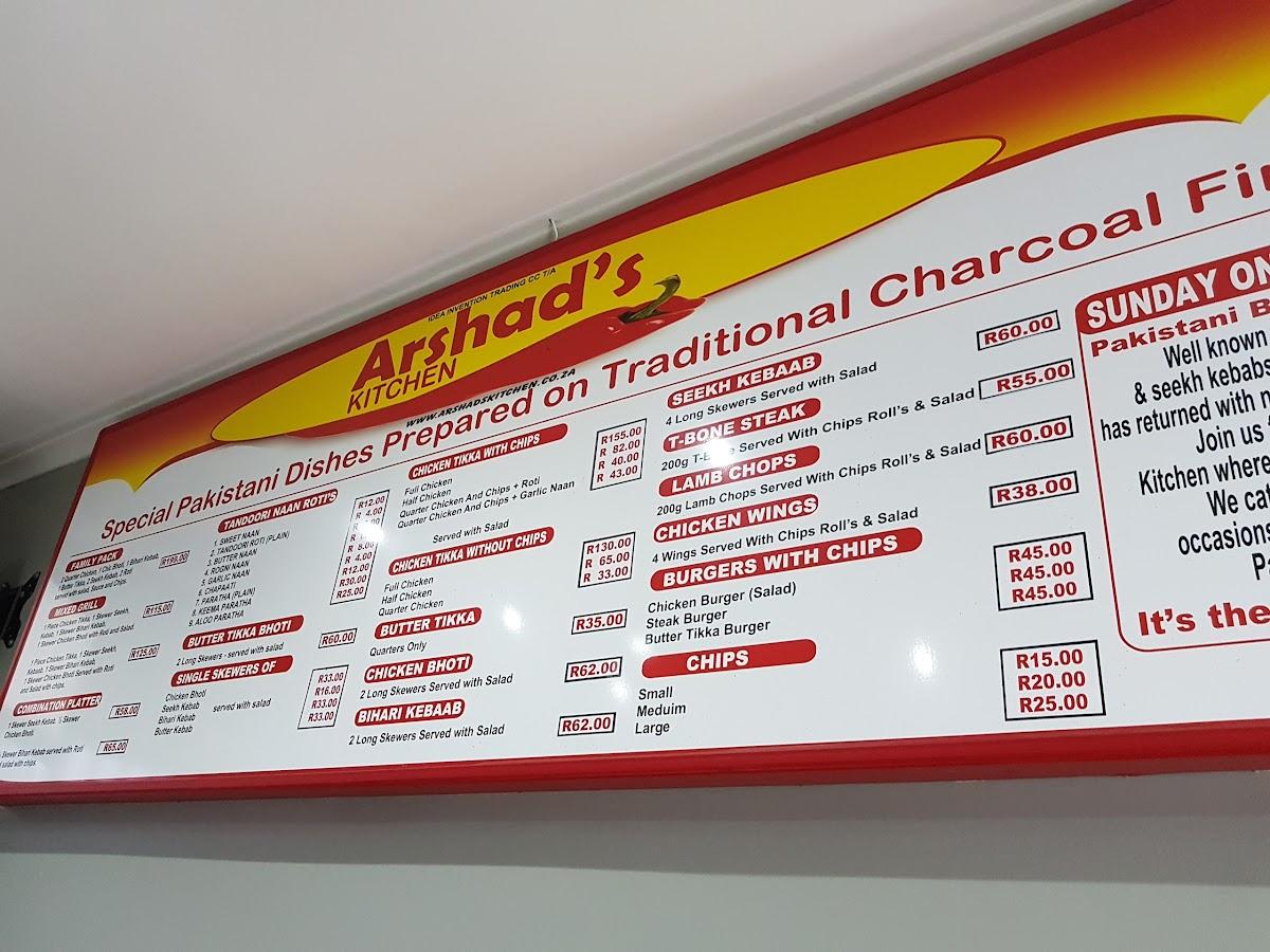 Menu at Arshad's Kitchen restaurant, Cape Town