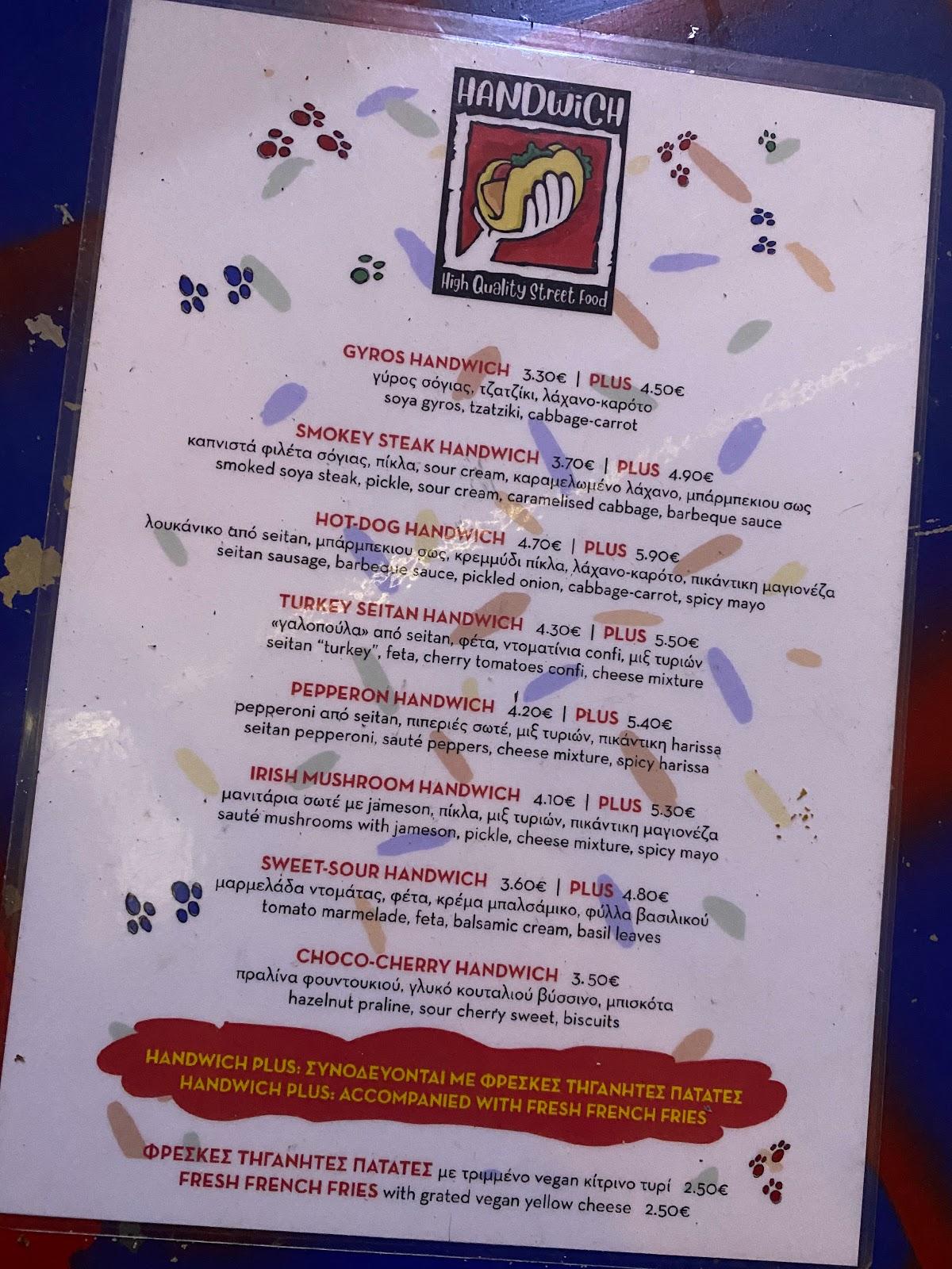 Menu at HANDWICH, Thessaloniki
