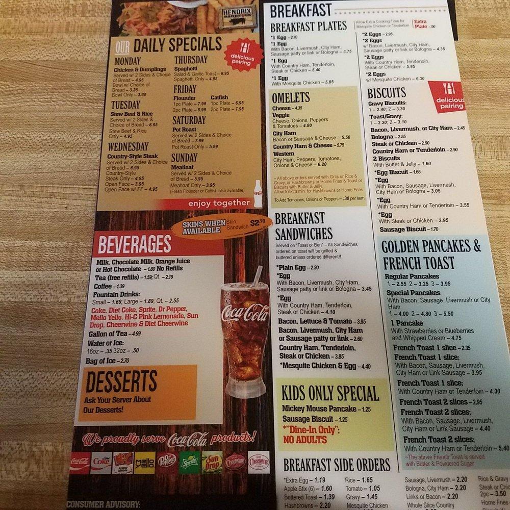 Menu at Hendrix Barbecue, Spencer, 615 Salisbury Ave