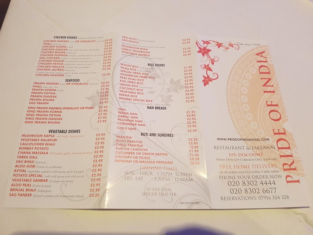 Menu at Pride Of India restaurant, Sidcup, 35 The Oval