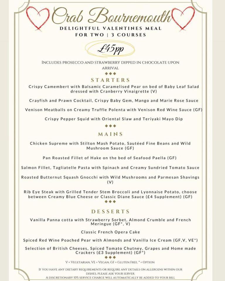 Menu at Crab at Bournemouth restaurant, Bournemouth