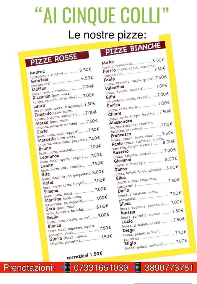 Menu di Ai Cinque Colli 