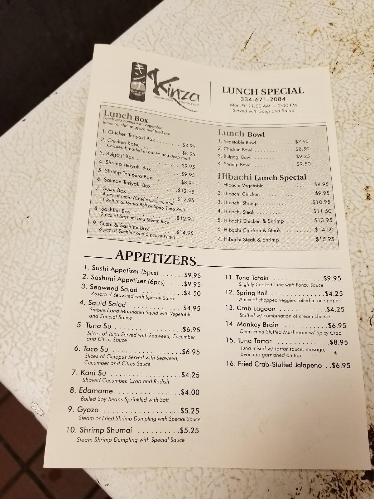 Menu at kinza restaurant, Dothan