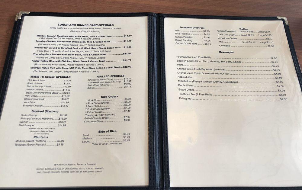 Menu at Rincon Cubano restaurant, Sarasota