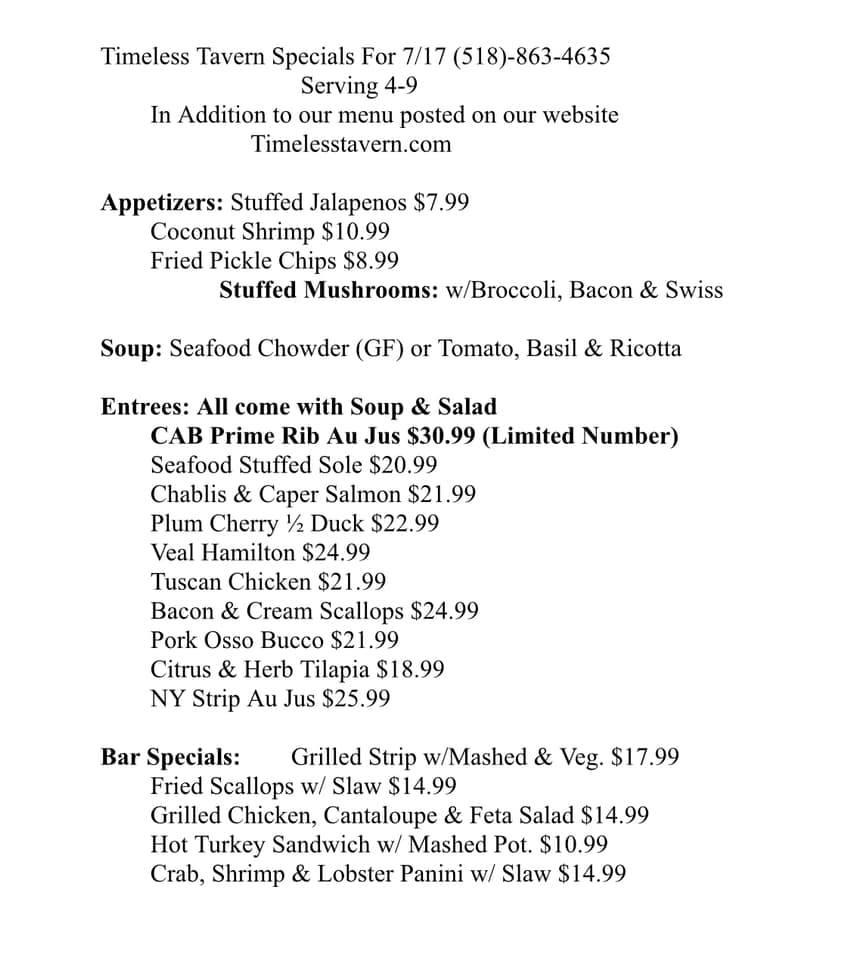 Menu at Timeless Tavern restaurant, Northville