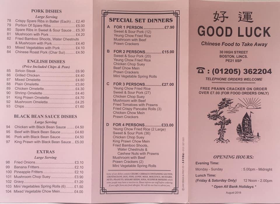 Menu at Goodluck fast food, Boston