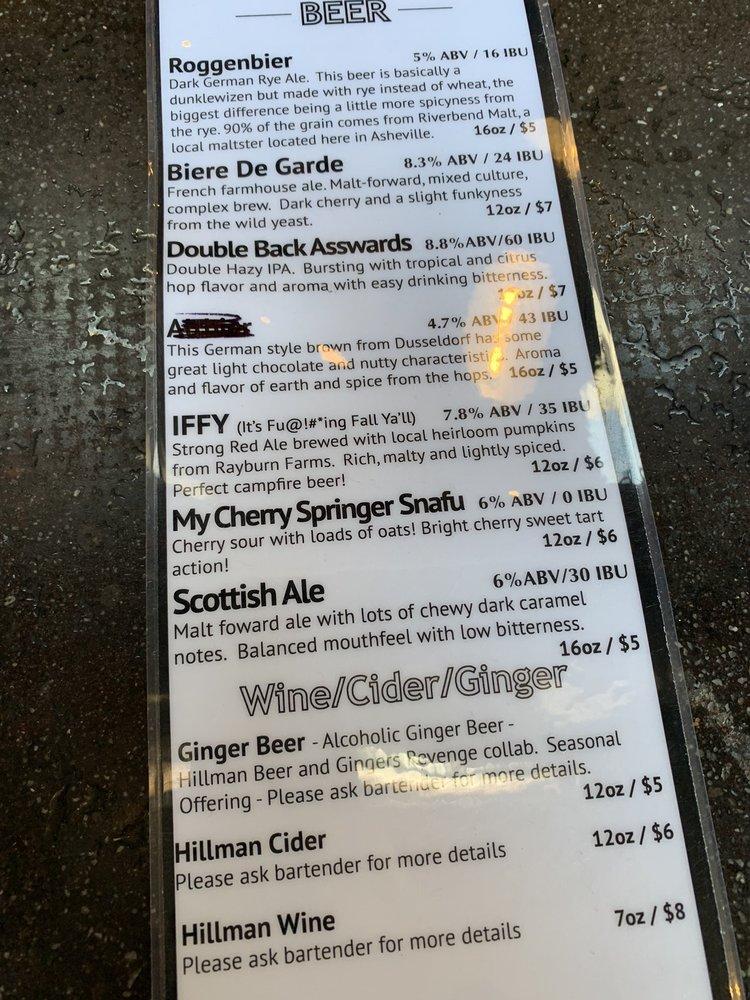 Menu at Hillman Beer Old Fort restaurant, Old Fort