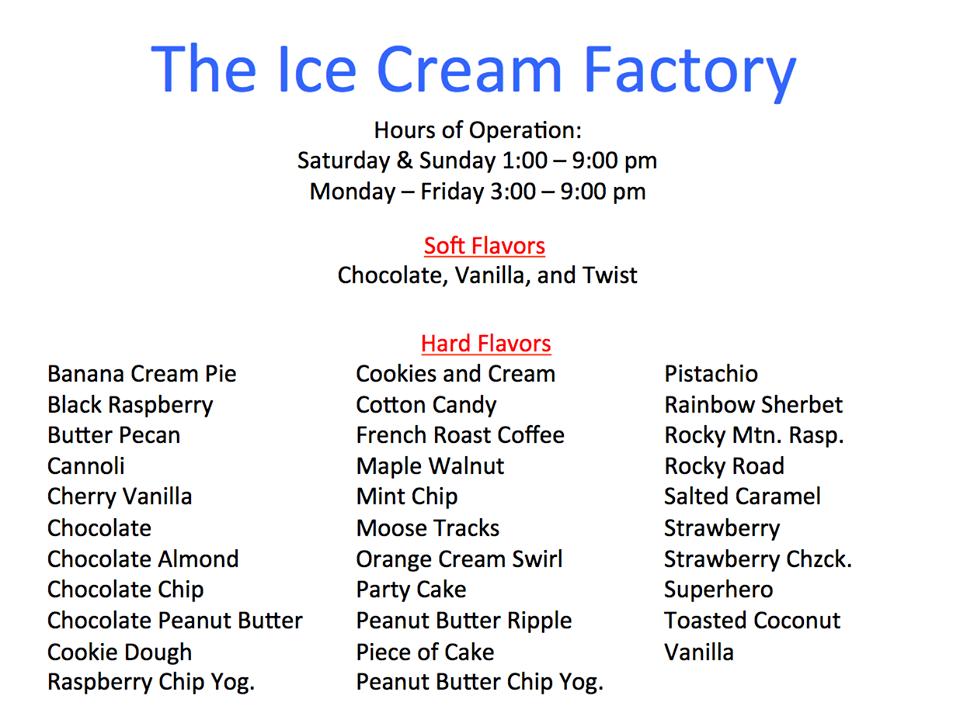 Menu at Ice Cream Factory, Chadwicks