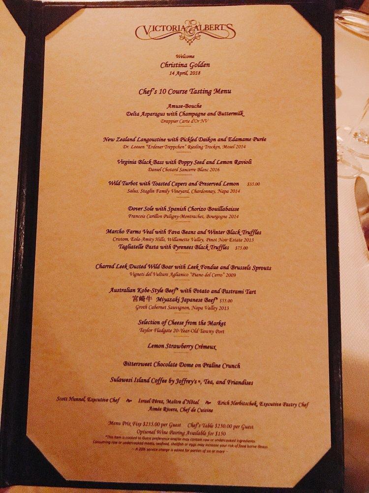 Menu at Victoria & Albert's restaurant, Orlando