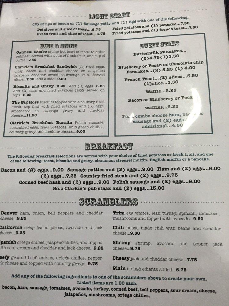 Menu at Clarkie's Diner restaurant, Yucaipa