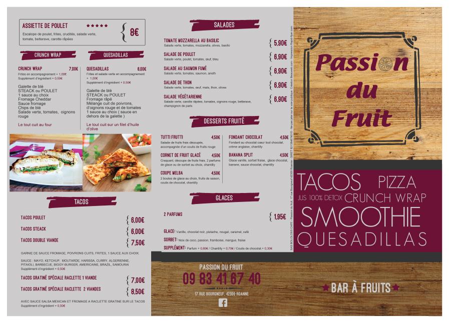 Menu at Passion du fruit restaurant, Roanne