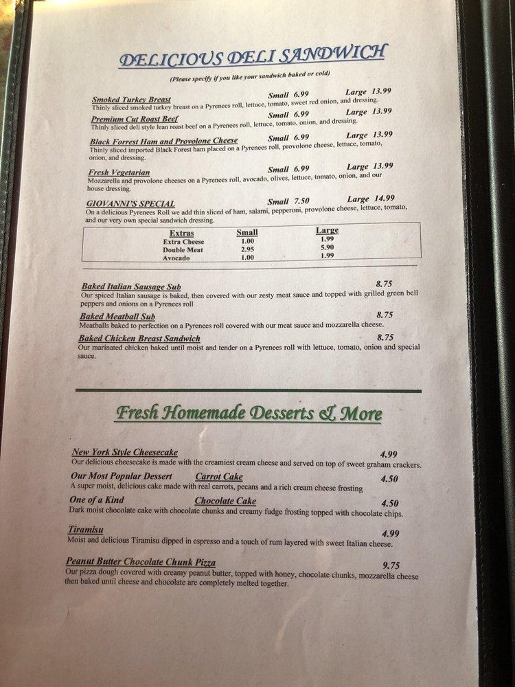 Menu at Giovanni's Italian Eatery pizzeria, Shafter
