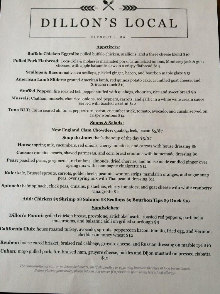 Menu at Dillon's Local restaurant, Plymouth
