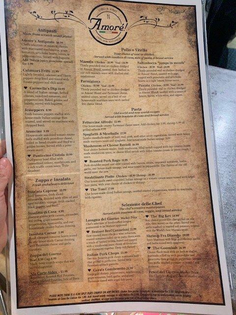 Menu at Amore! Italian Kitchen restaurant, Indianapolis