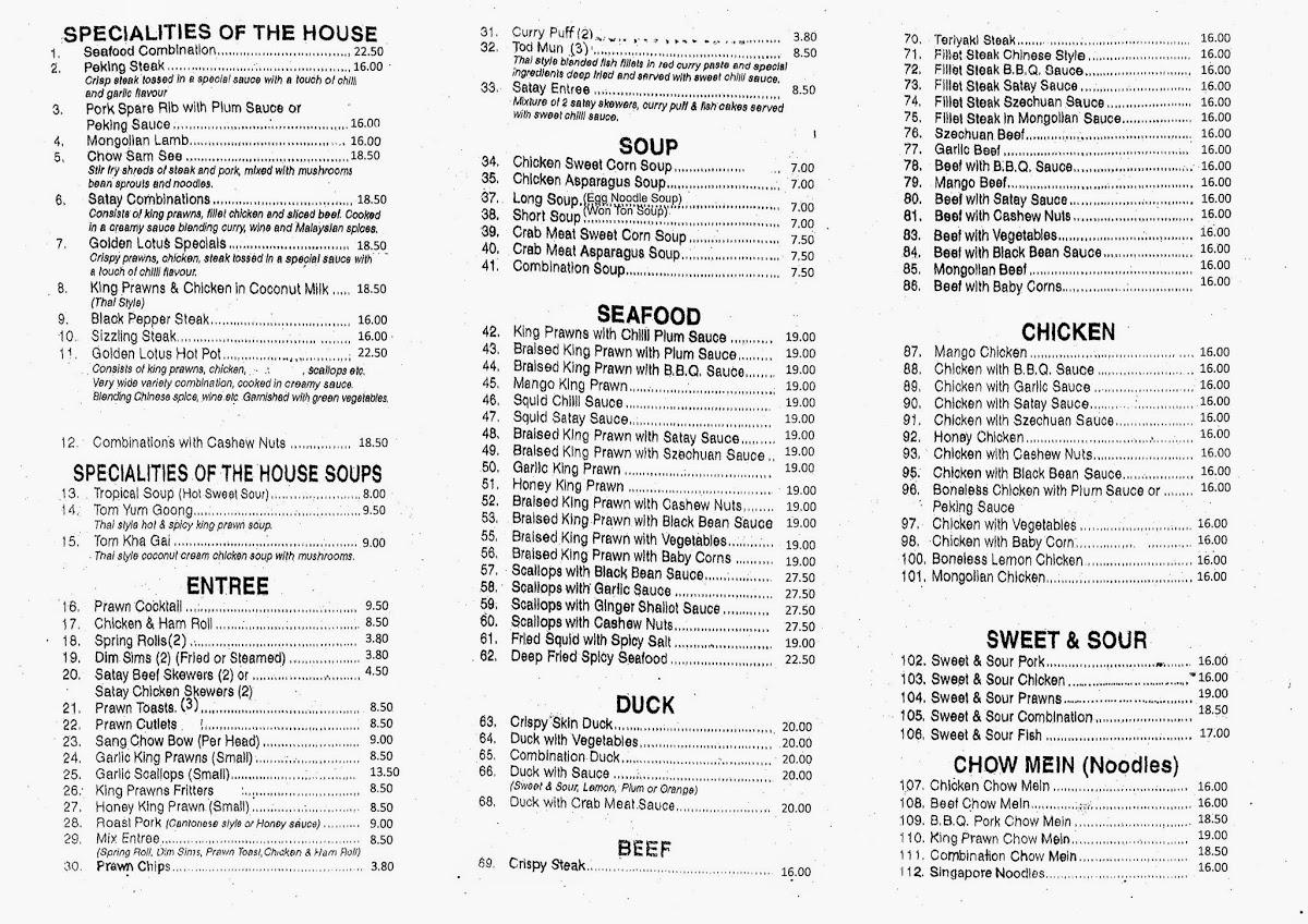 Menu at Golden Lotus House Chinese Restaurant, Broken Hill