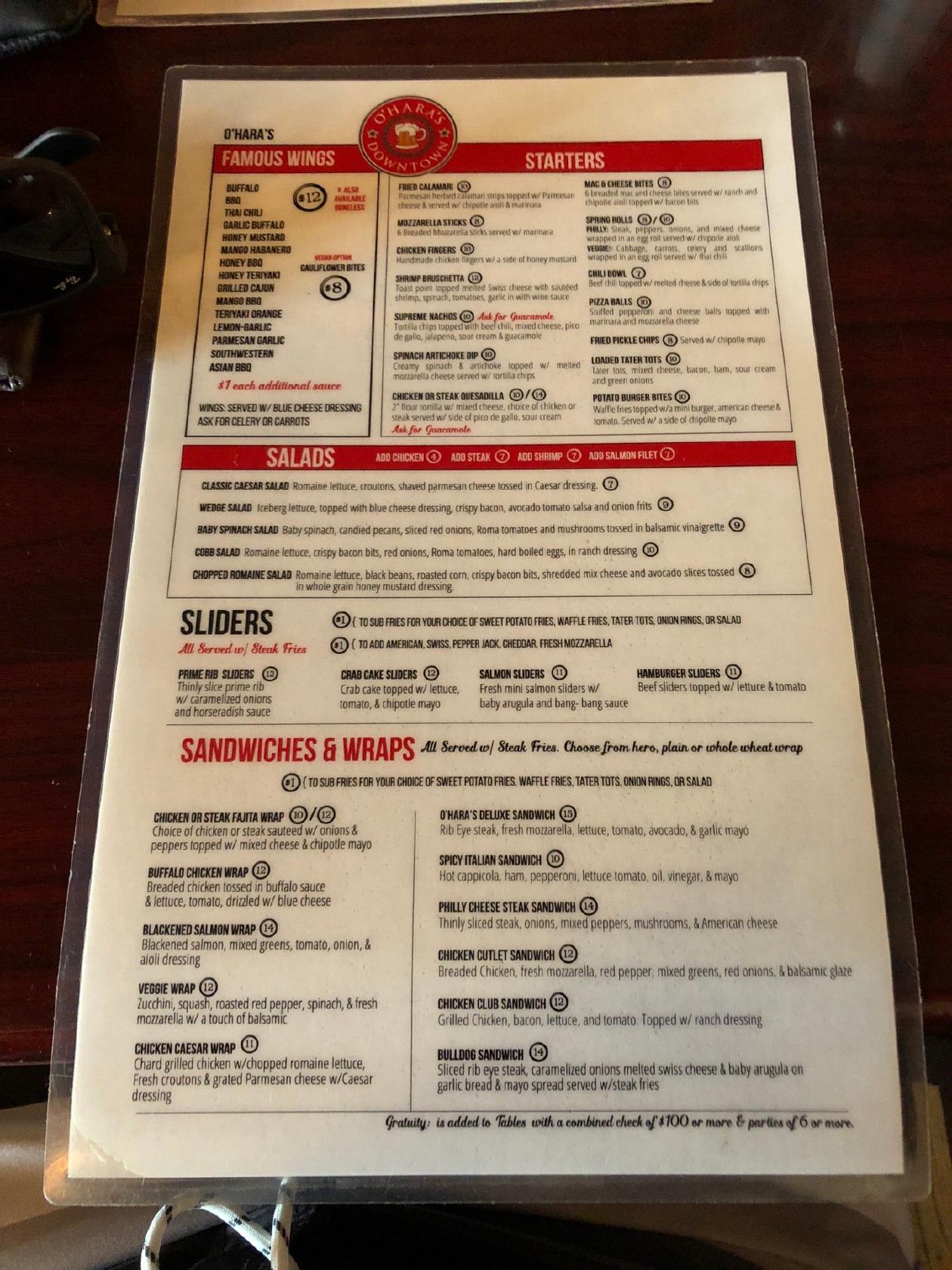 Menu at O'Hara's Bar & Grill, Jersey City