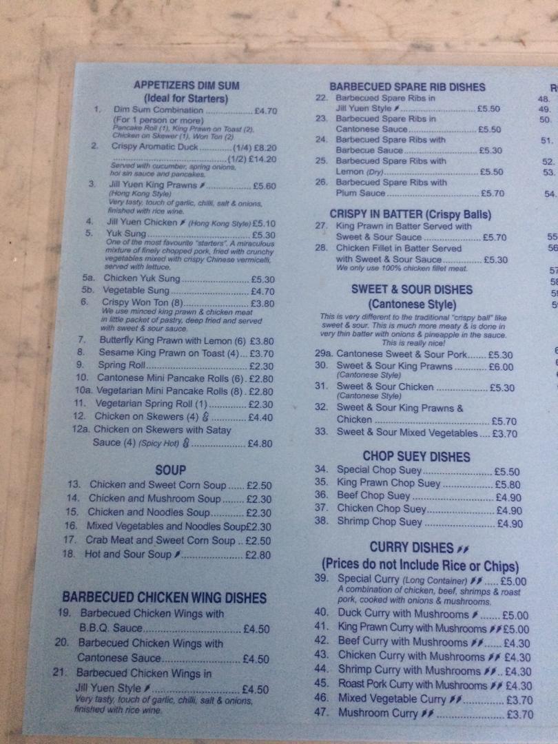 Menu at Chung Ying fast food, Birmingham, 213 Station Rd