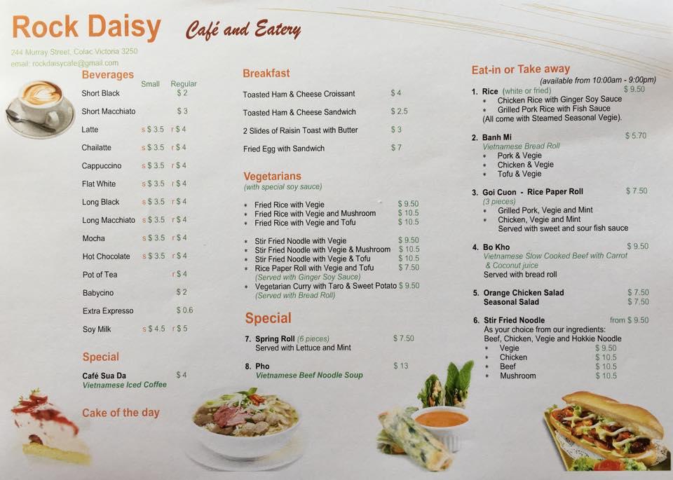 Menu at Rock Daisy Cafe & Eatery, Colac