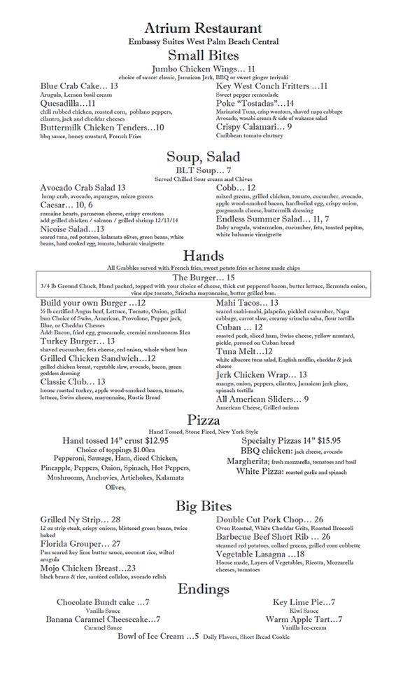 Menu At Atrium Restaurant, West Palm Beach