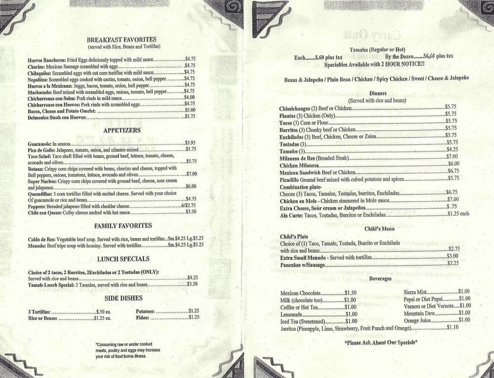 Menu at Evie's Tamales restaurant, Detroit